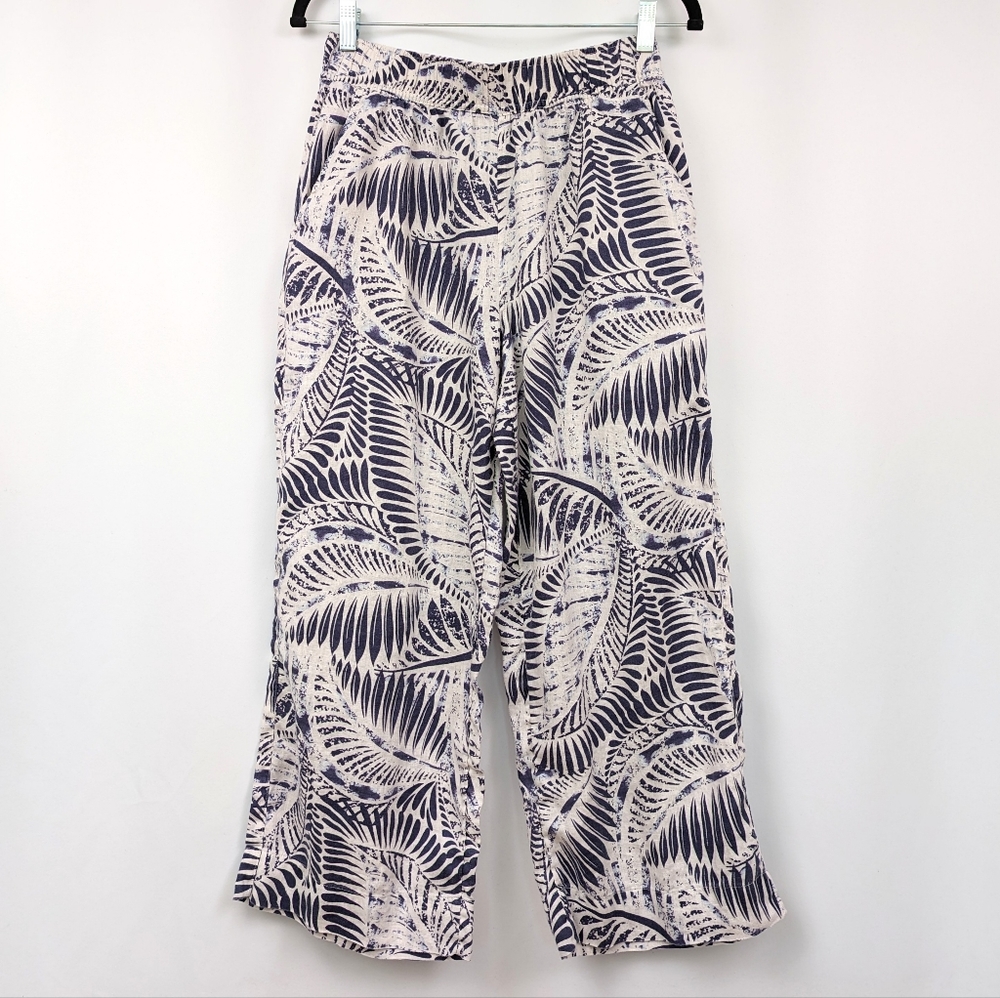 Tahari Linen Pants Wide Leg Leaf Print Elastic Waist Beachy Coastal Blue White S